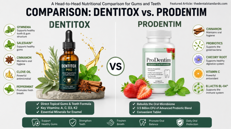 Infographic comparing Dentitox Pro liquid drops and ProDentim oral probiotics. The image features both real product bottles centered on a podium with ingredient lists on the sides. Left side displays ProDentim features (Probiotics, Cinnamon Bark, Bergamot) and right side displays Dentitox ingredients (Natural Ingredients, Gymnema, Star Anise). Title reads 'COMPARISON: DENTITOX vs PRODENTIM
