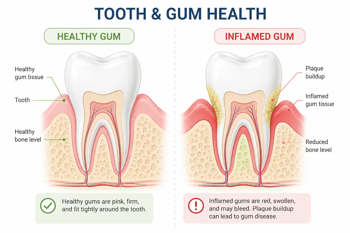 Diagram showing causes of gums bleeding when brushing - plaque and gum inflammation